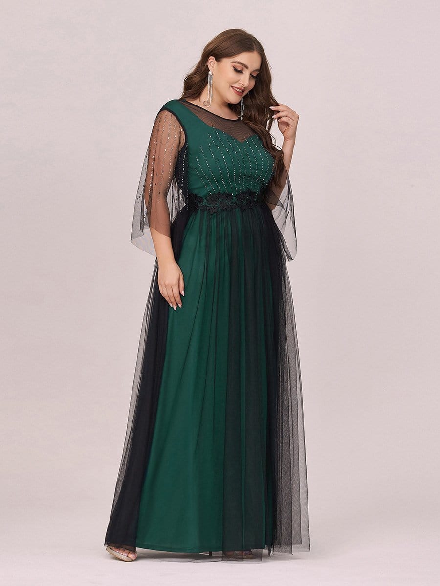 Color=Dark Green | Dainty Contrast Color Round Neck Tulle Plus Size Evening Dress-Dark Green 4