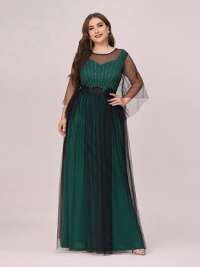 Color=Dark Green | Dainty Contrast Color Round Neck Tulle Plus Size Evening Dress-Dark Green 1