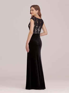 Color=Black | Sassy Round Neck Evening Dress With Lace And Beaded Belt-Black 2