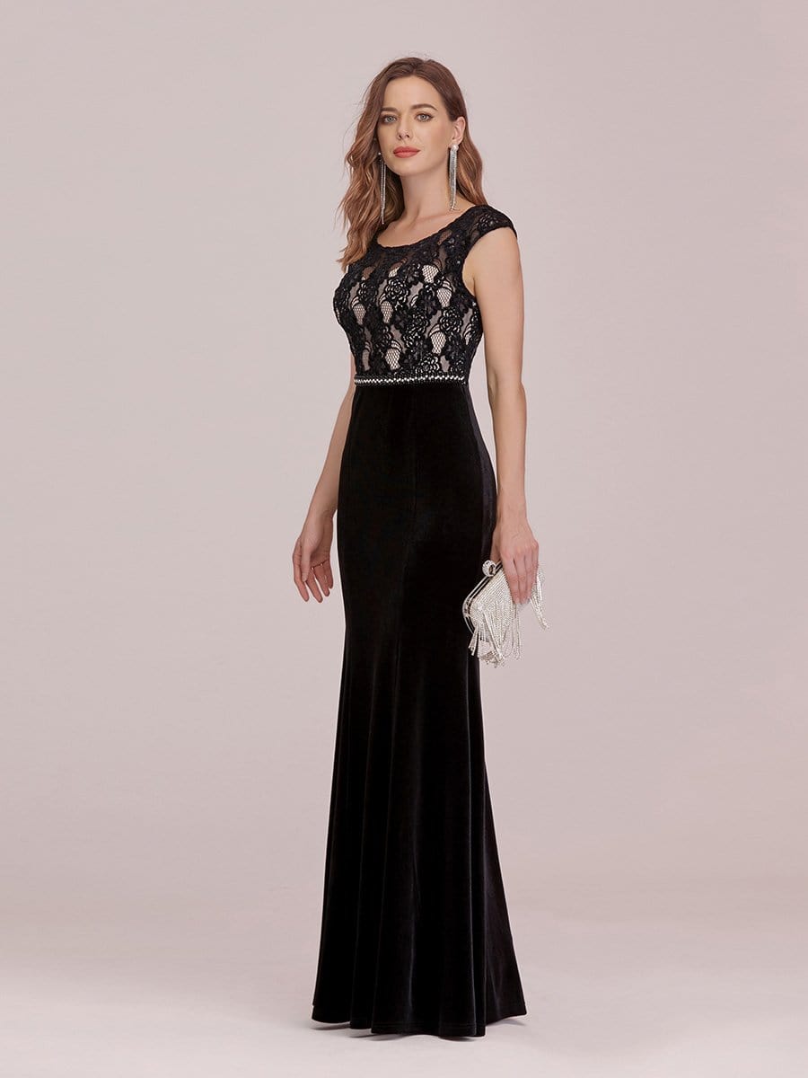 Color=Black | Sassy Round Neck Evening Dress With Lace And Beaded Belt-Black 3
