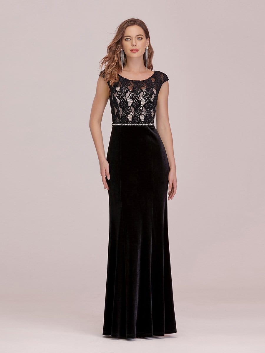 Color=Black | Sassy Round Neck Evening Dress With Lace And Beaded Belt-Black 4