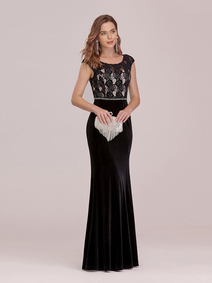 Color=Black | Sassy Round Neck Evening Dress With Lace And Beaded Belt-Black 1