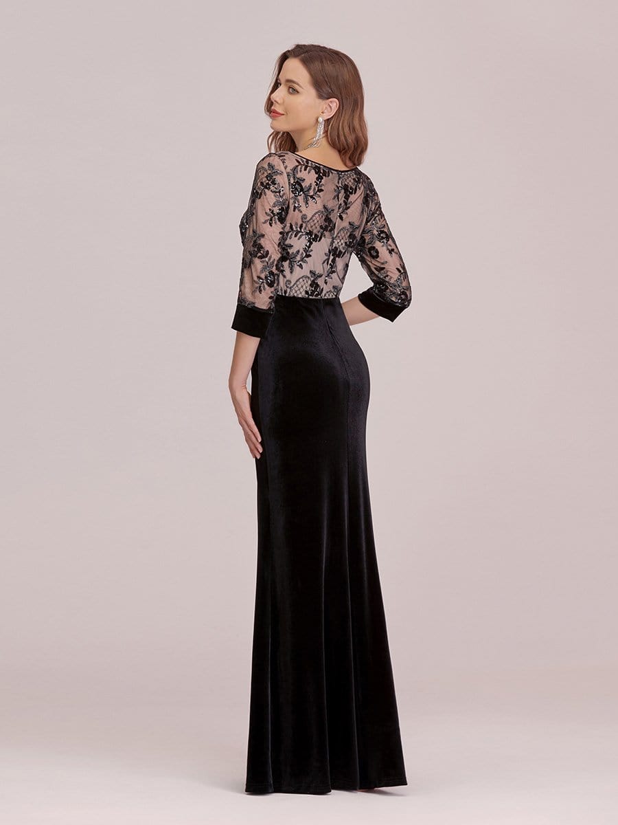 Color=Black | Sexy High Waist Velvet Straight Evening Dress With Lace Bodice-Black 2