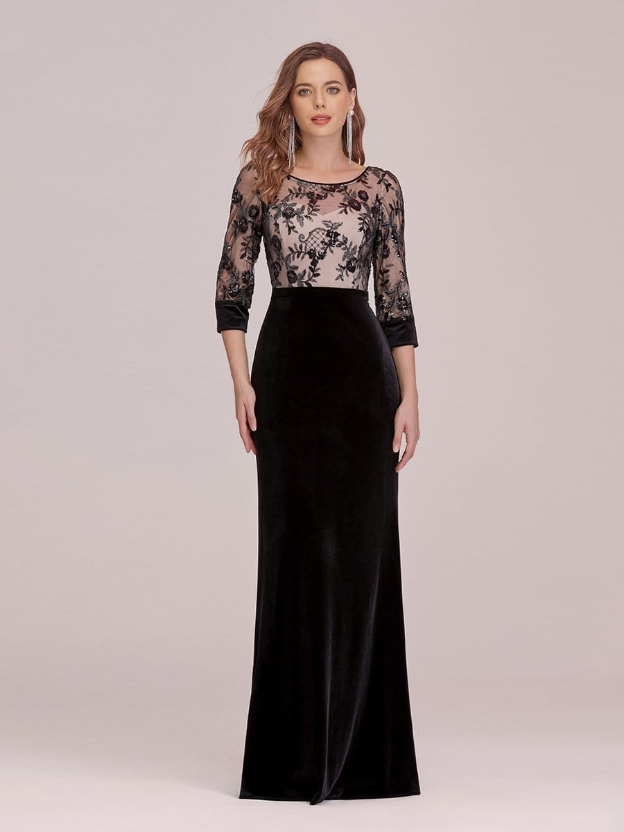 Color=Black | Sexy High Waist Velvet Straight Evening Dress With Lace Bodice-Black 1