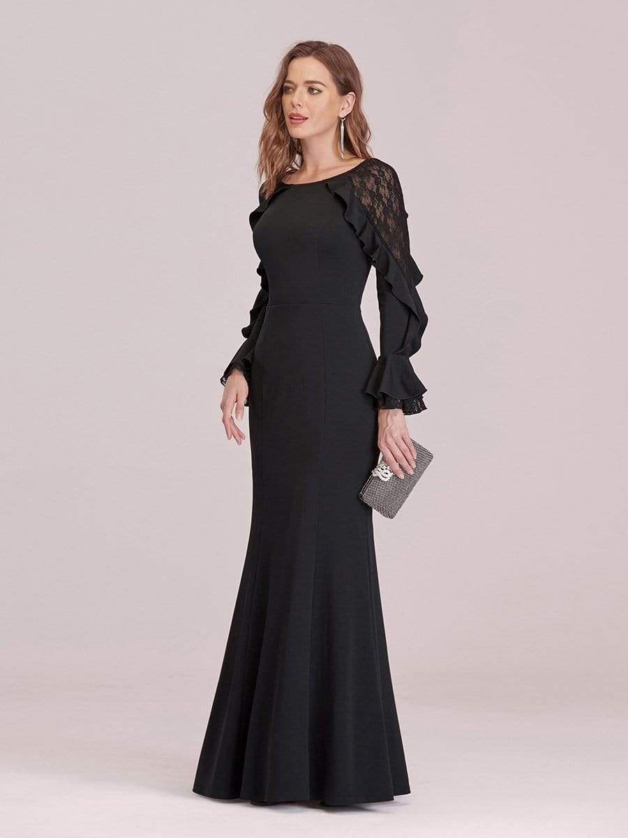 Color=Black | Women'S Elegant Long Sleeves Maxi Fishtail Evening Dress-Black 3