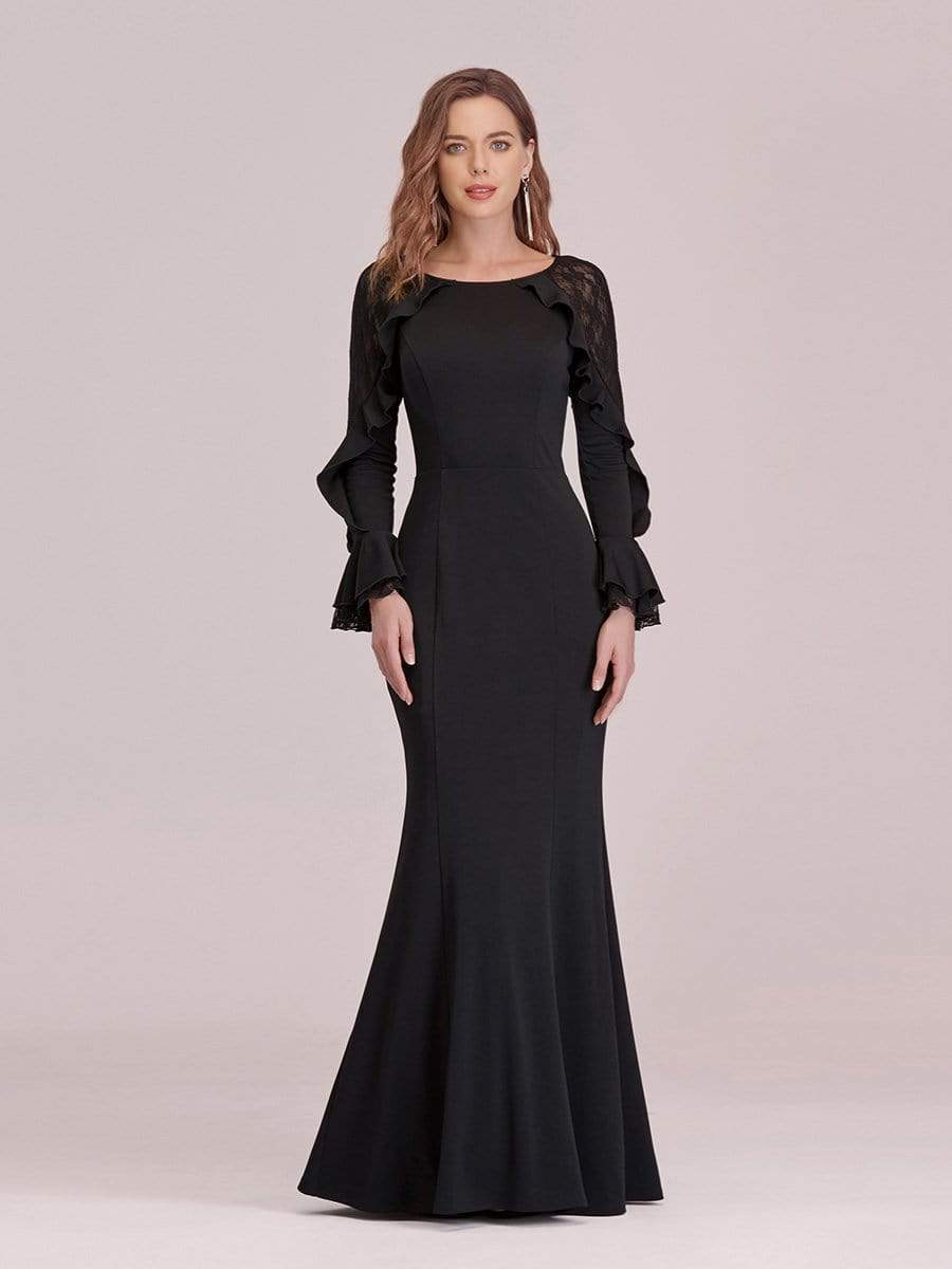 Color=Black | Women'S Elegant Long Sleeves Maxi Fishtail Evening Dress-Black 4