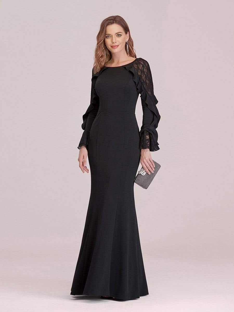 Color=Black | Women'S Elegant Long Sleeves Maxi Fishtail Evening Dress-Black 1