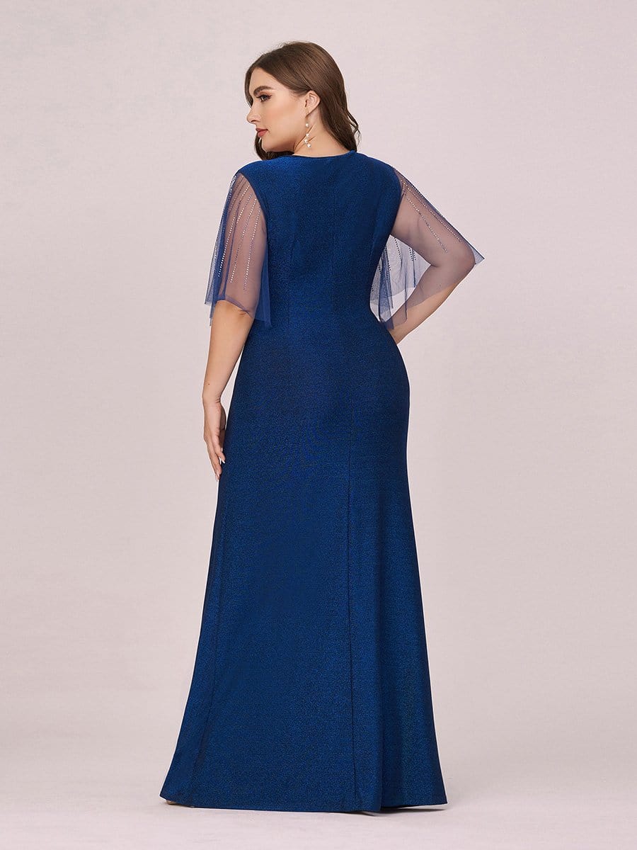 Color=Sapphire Blue | Simple V Neck High Stretch Long Sleek Plus Size Evening Dress-Sapphire Blue 2