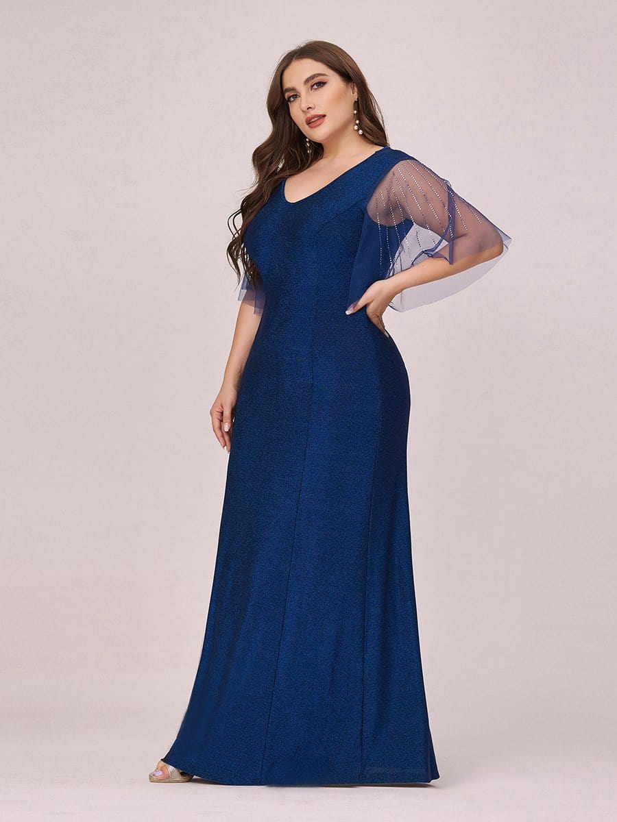Color=Sapphire Blue | Simple V Neck High Stretch Long Sleek Plus Size Evening Dress-Sapphire Blue 3