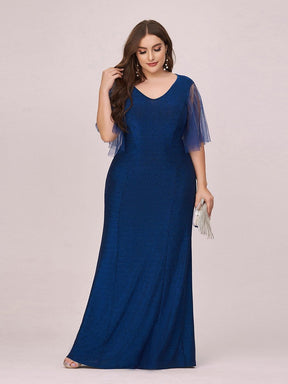 Color=Sapphire Blue | Simple V Neck High Stretch Long Sleek Plus Size Evening Dress-Sapphire Blue 4