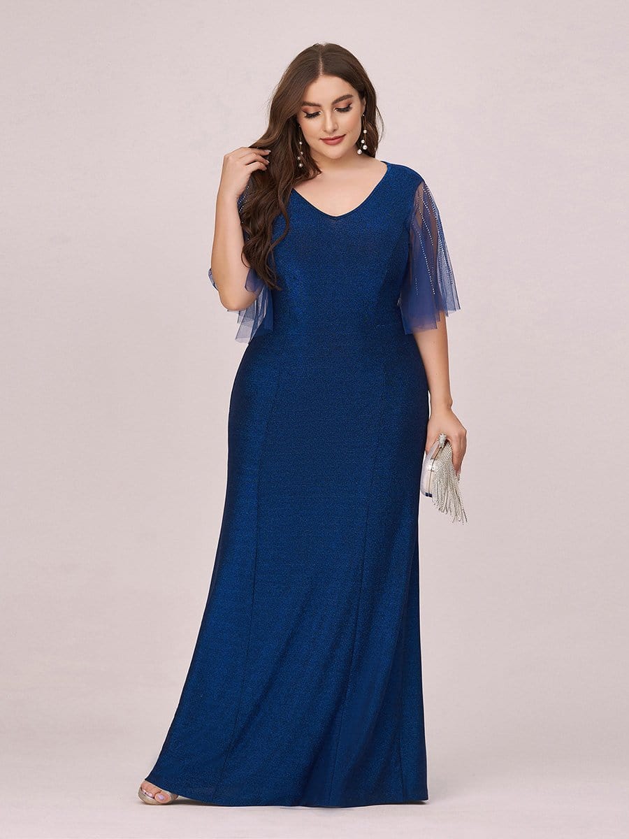 Color=Sapphire Blue | Simple V Neck High Stretch Long Sleek Plus Size Evening Dress-Sapphire Blue 4