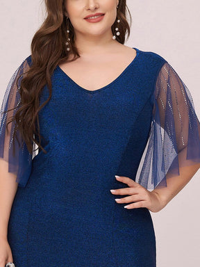 Color=Sapphire Blue | Simple V Neck High Stretch Long Sleek Plus Size Evening Dress-Sapphire Blue 5