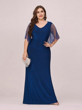 Color=Sapphire Blue | Simple V Neck High Stretch Long Sleek Plus Size Evening Dress-Sapphire Blue 1