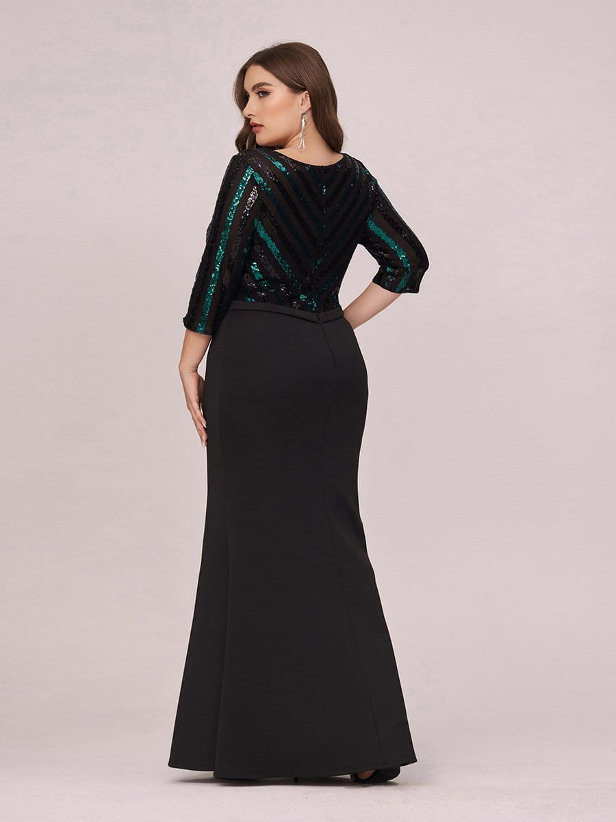 Color=Black | Elegant Round Neck Plus Size Fishtail Evening Dress With Sequin-Black 2