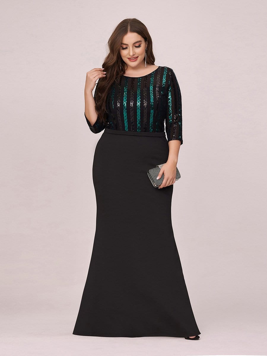 Color=Black | Elegant Round Neck Plus Size Fishtail Evening Dress With Sequin-Black 3