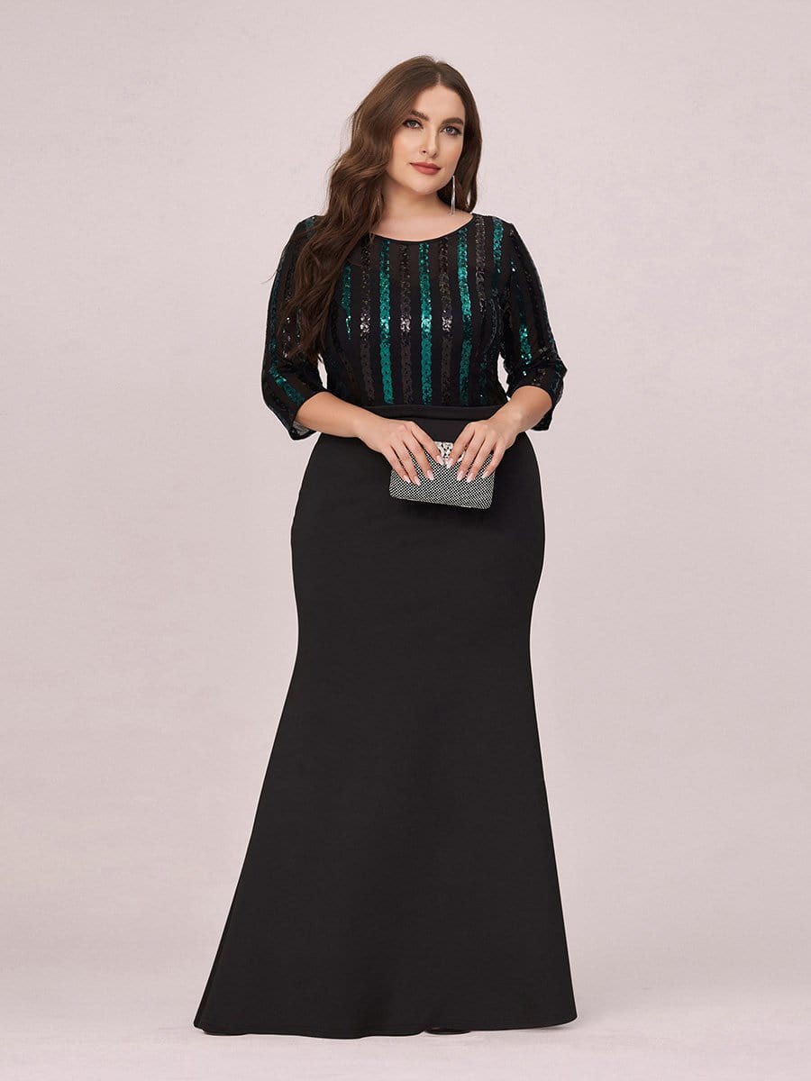 Color=Black | Elegant Round Neck Plus Size Fishtail Evening Dress With Sequin-Black 4