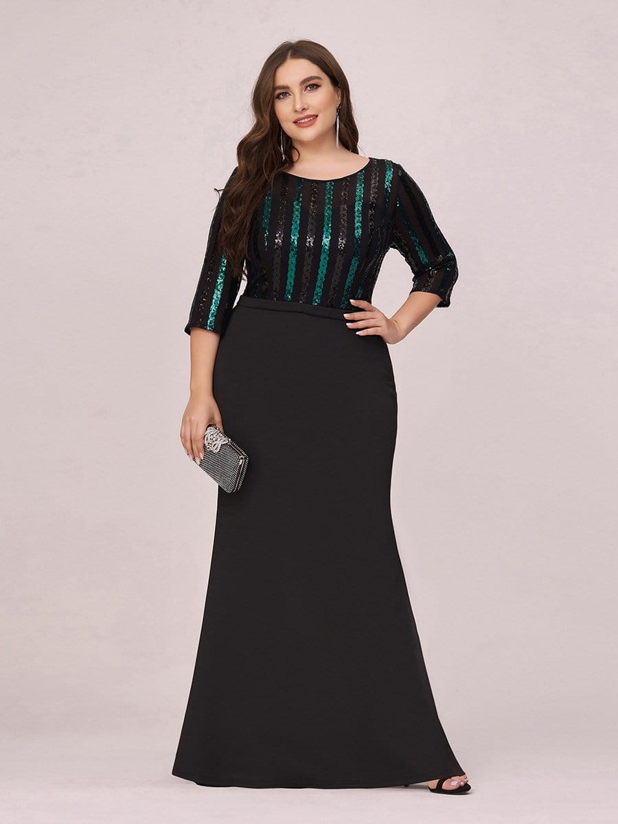 Color=Black | Elegant Round Neck Plus Size Fishtail Evening Dress With Sequin-Black 1