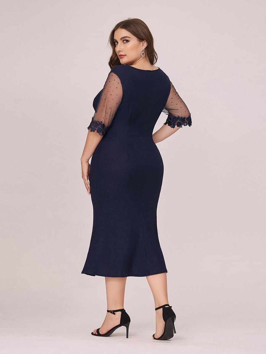 Color=Navy Blue | Modest Round Neck Bodycon Plus Size Casual Work Dress-Navy Blue 2