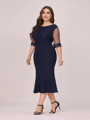Color=Navy Blue | Modest Round Neck Bodycon Plus Size Casual Work Dress-Navy Blue 3