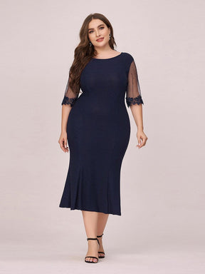 Color=Navy Blue | Modest Round Neck Bodycon Plus Size Casual Work Dress-Navy Blue 4
