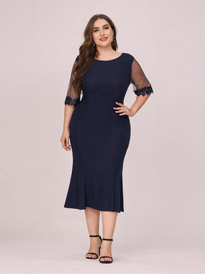 Color=Navy Blue | Modest Round Neck Bodycon Plus Size Casual Work Dress-Navy Blue 1