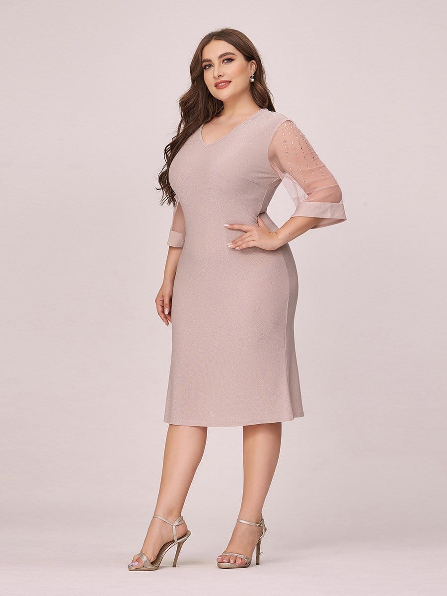 Color=Pink | Women'S Casual Bodycon Knee-Length Plus Size Casual Work Dress-Pink 3