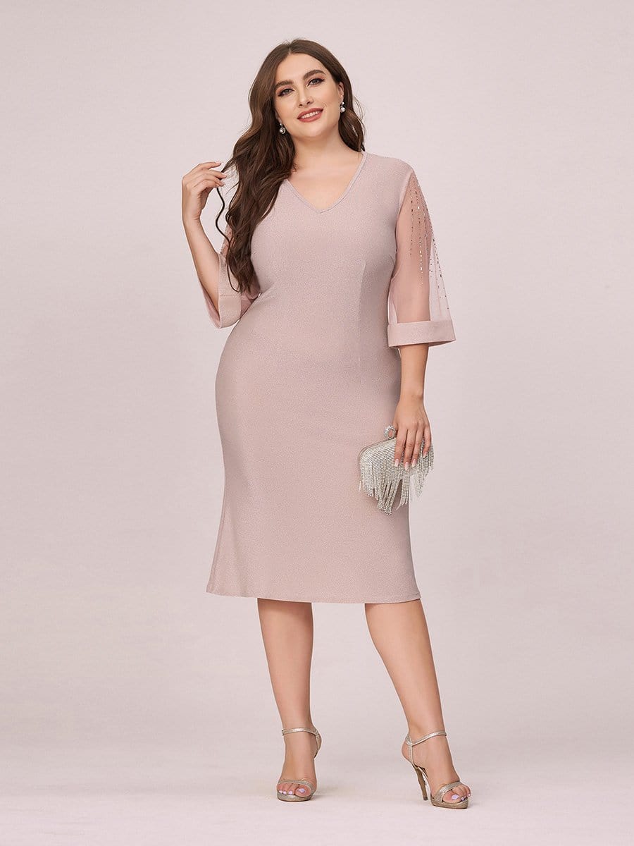 Color=Pink | Women'S Casual Bodycon Knee-Length Plus Size Casual Work Dress-Pink 1