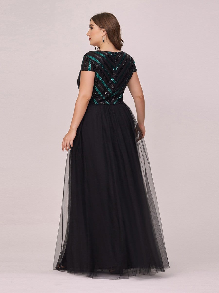 Color=Black | Stylish V Neck Maxi Plus Size Tulle Evening Dress With Sequin-Black 2