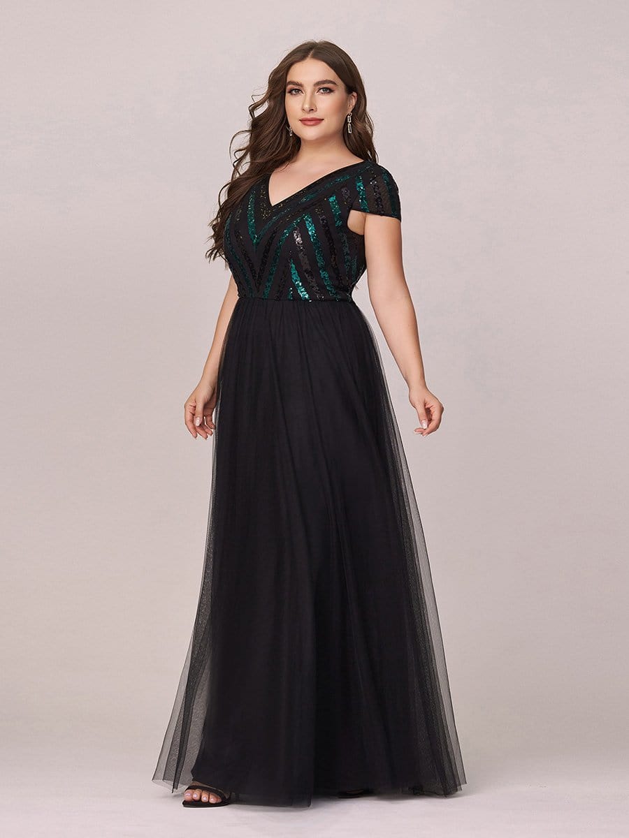 Color=Black | Stylish V Neck Maxi Plus Size Tulle Evening Dress With Sequin-Black 3