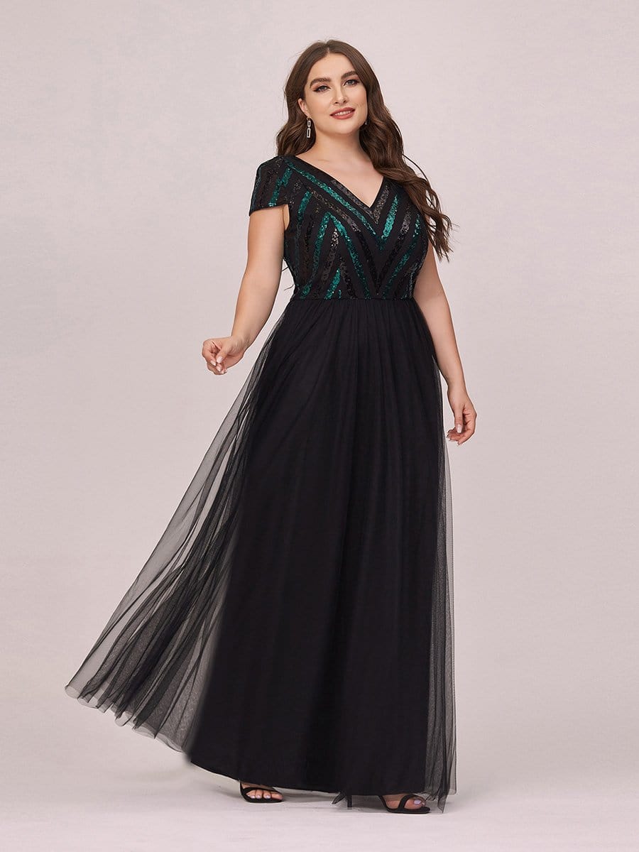 Color=Black | Stylish V Neck Maxi Plus Size Tulle Evening Dress With Sequin-Black 4