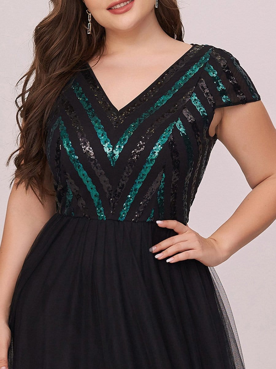 Color=Black | Stylish V Neck Maxi Plus Size Tulle Evening Dress With Sequin-Black 5