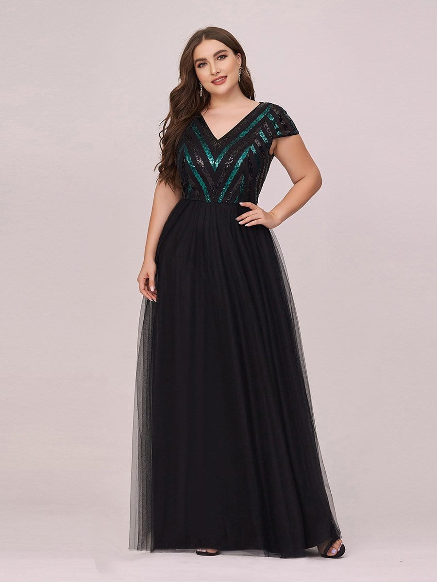 Color=Black | Stylish V Neck Maxi Plus Size Tulle Evening Dress With Sequin-Black 1