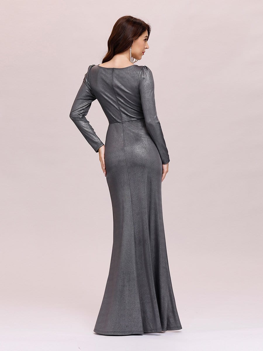 Color=Grey | Adorable V Neck Bodycon Evening Dress With Long Sleeves-Grey 2