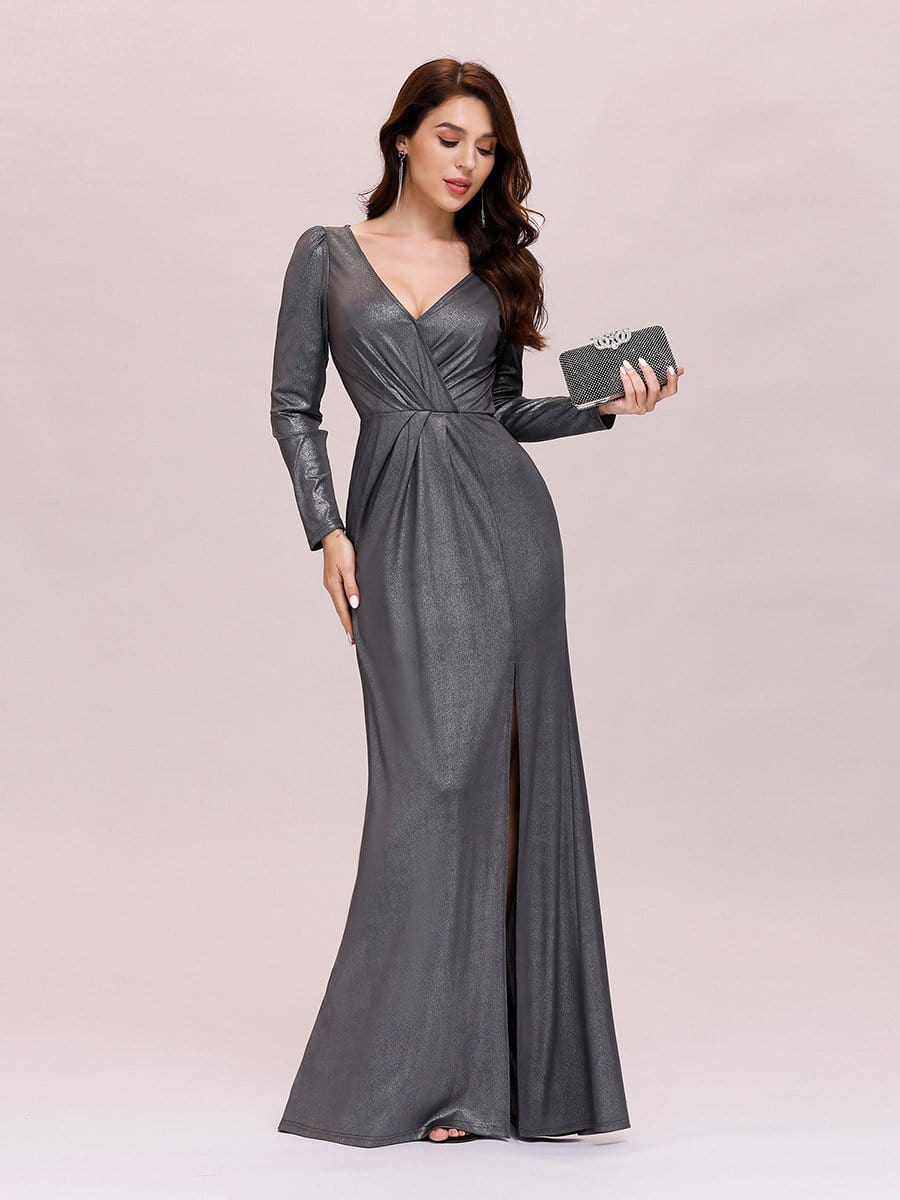 Color=Grey | Adorable V Neck Bodycon Evening Dress With Long Sleeves-Grey 3