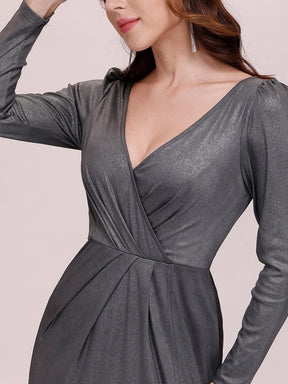 Color=Grey | Adorable V Neck Bodycon Evening Dress With Long Sleeves-Grey 5