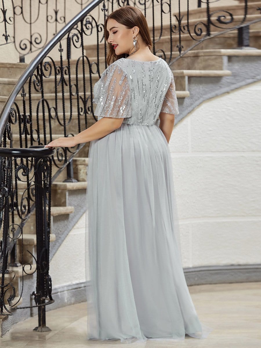 Color=Grey | Plus Size Tulle Evening Dresses For Women With Short Sleeve-Grey 2