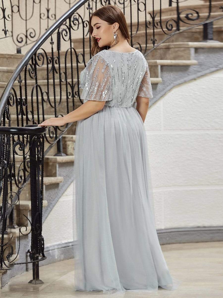 Color=Grey | Elegant V Neck Short Sleeve A-Line Tulle Evening Dresses-Grey 7