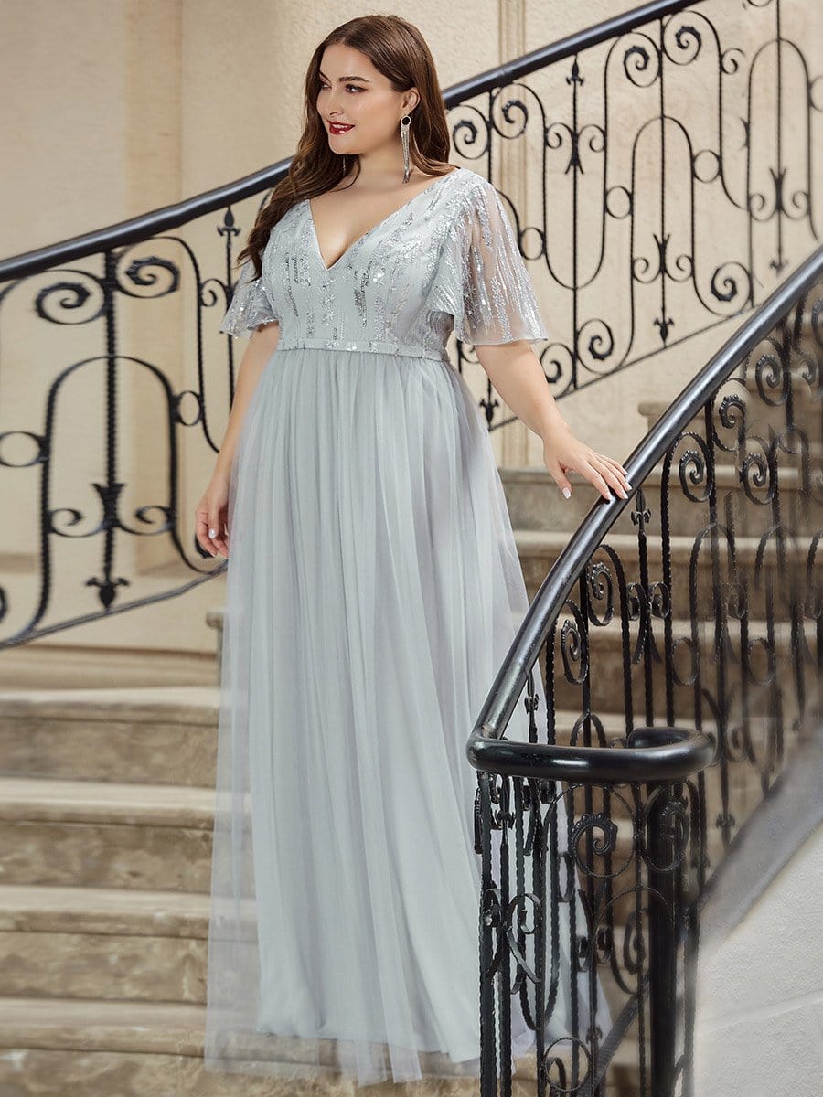 Color=Grey | Plus Size Tulle Evening Dresses For Women With Short Sleeve-Grey 3