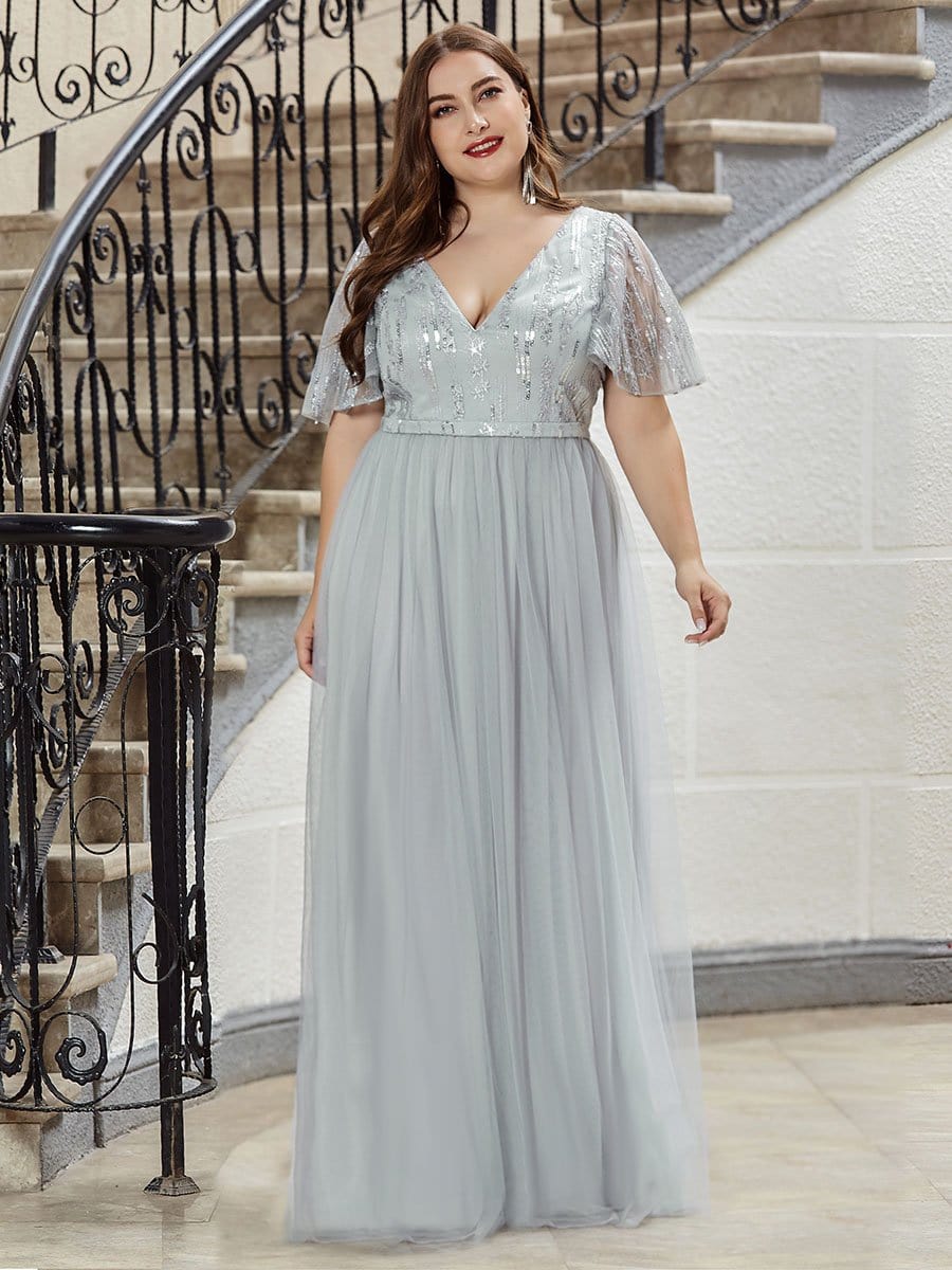Color=Grey | Plus Size Tulle Evening Dresses For Women With Short Sleeve-Grey 4