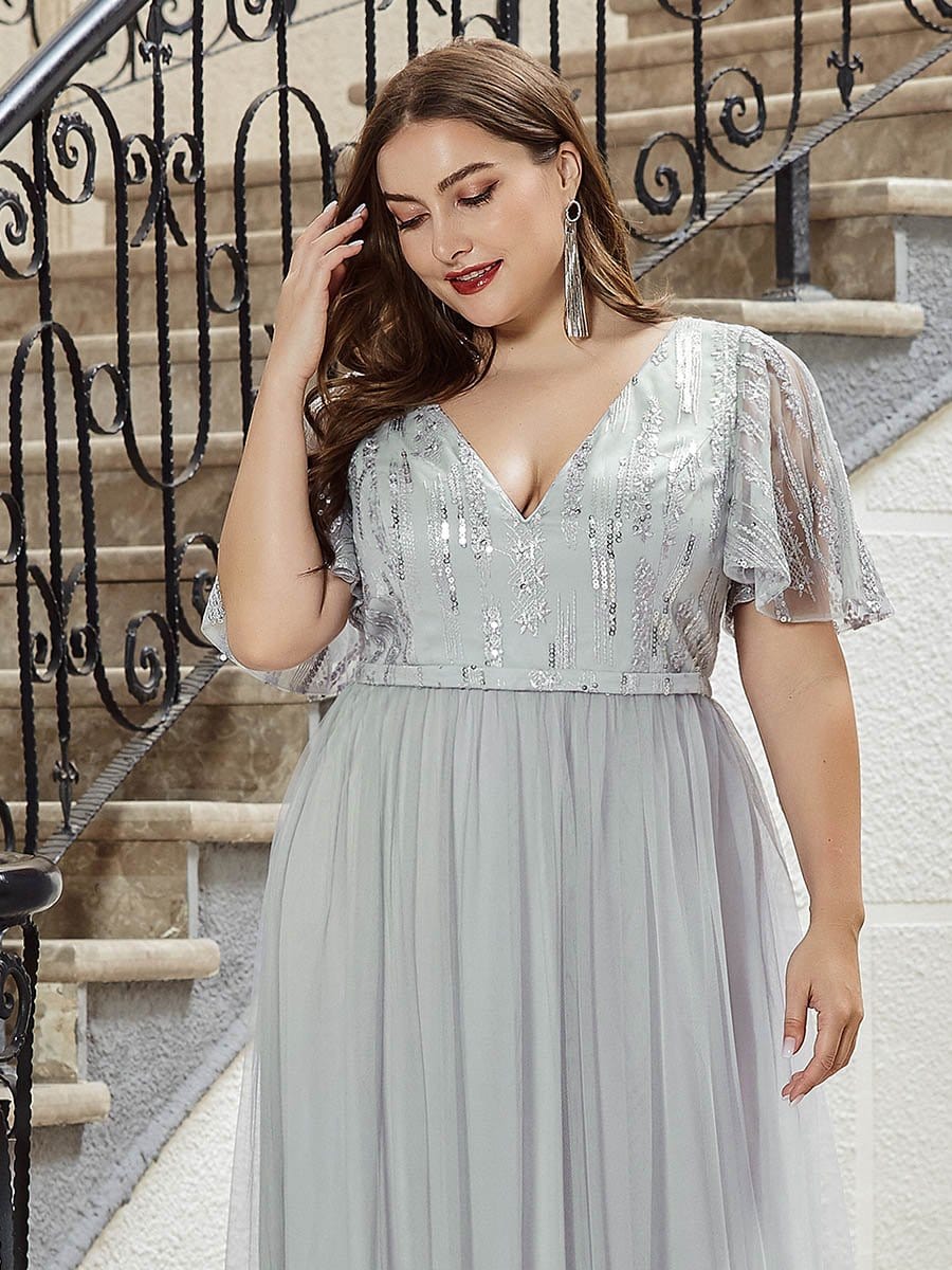 Color=Grey | Plus Size Tulle Evening Dresses For Women With Short Sleeve-Grey 5