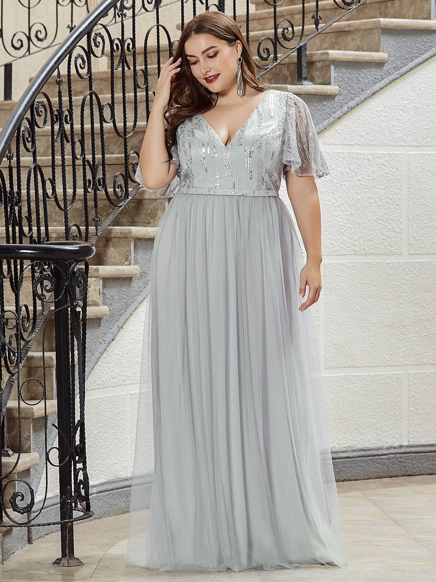 Color=Grey | Plus Size Tulle Evening Dresses For Women With Short Sleeve-Grey 1