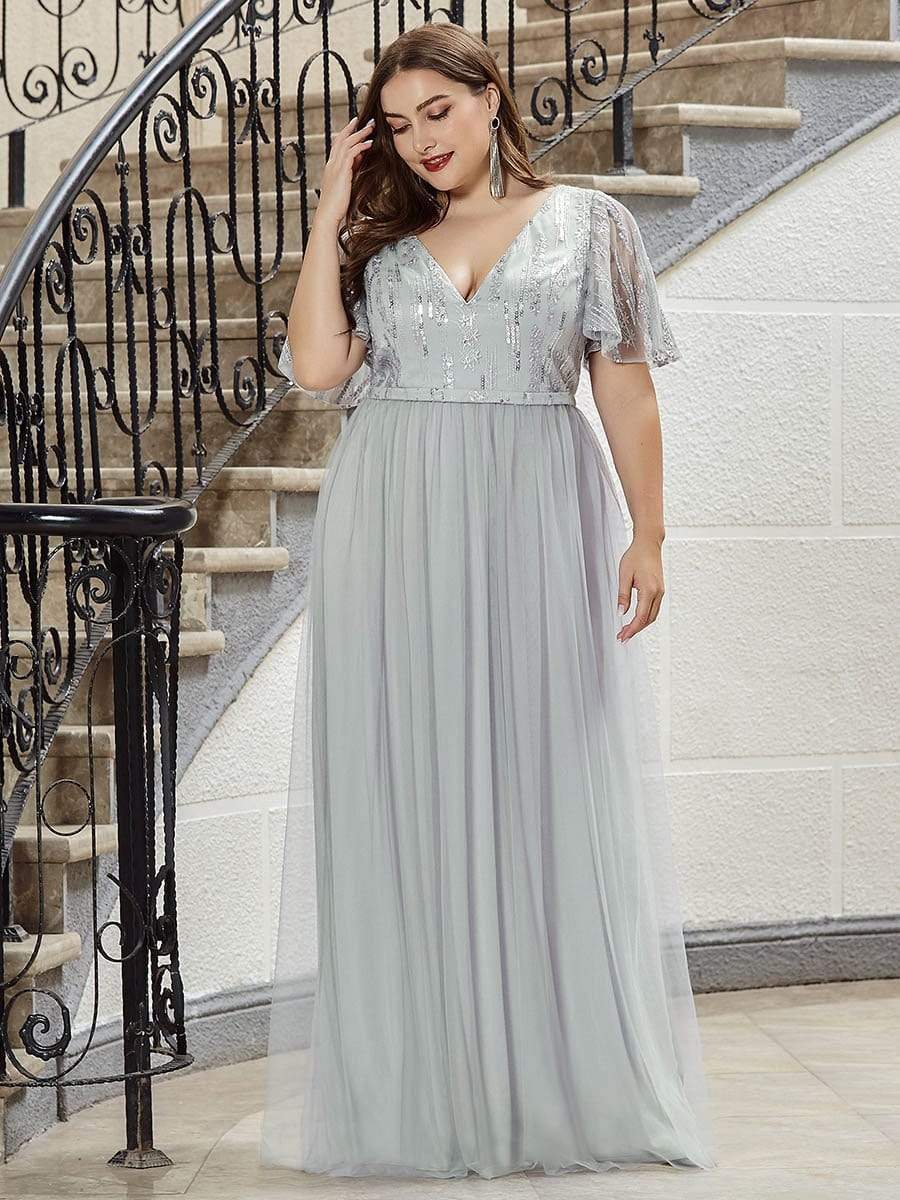 Color=Grey | Elegant V Neck Short Sleeve A-Line Tulle Evening Dresses-Grey 6