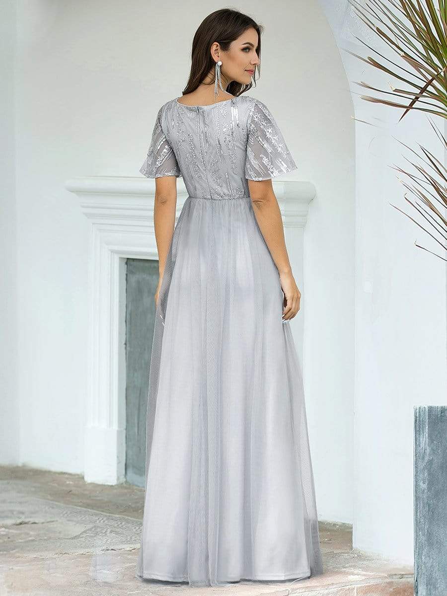Color=Grey | Elegant V Neck Short Sleeve A-Line Tulle Evening Dresses-Grey 2