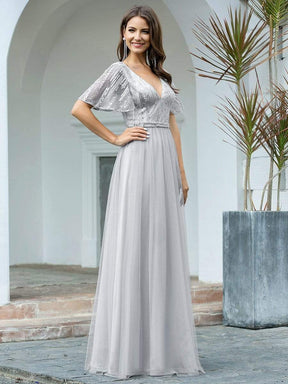 Color=Grey | Elegant V Neck Short Sleeve A-Line Tulle Evening Dresses-Grey 3