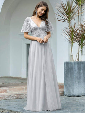Color=Grey | Elegant V Neck Short Sleeve A-Line Tulle Evening Dresses-Grey 4