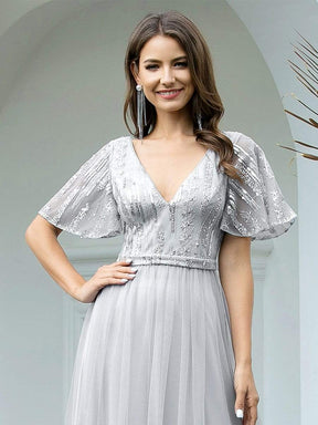Color=Grey | Elegant V Neck Short Sleeve A-Line Tulle Evening Dresses-Grey 5