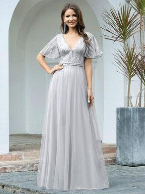 Color=Grey | Elegant V Neck Short Sleeve A-Line Tulle Evening Dresses-Grey 1