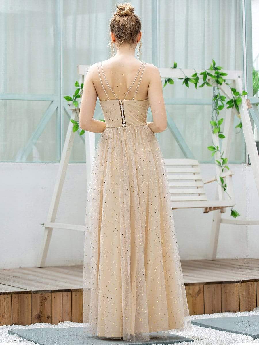 Color=Blush | Cute Sleeveless V Neck Long Evening Dresses With Shiny Dot-Blush 2