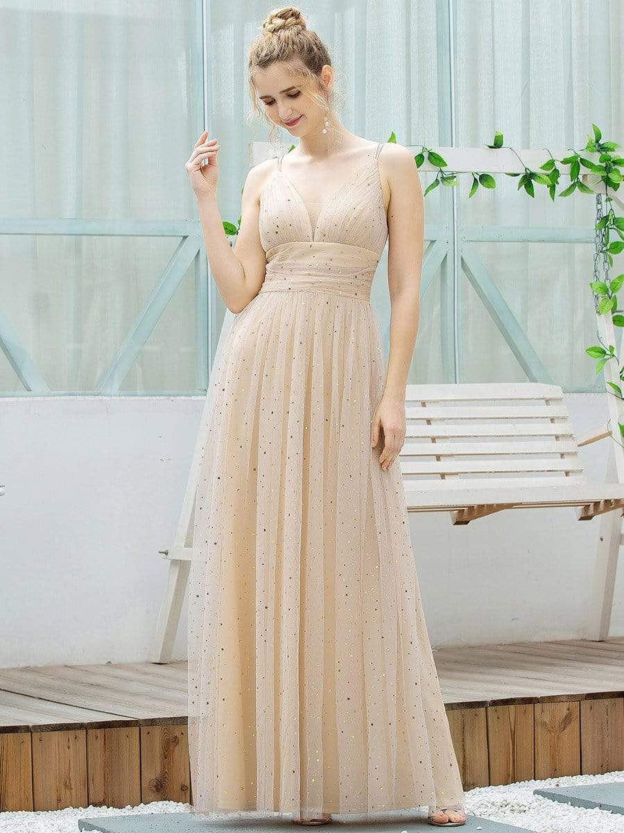 Color=Blush | Cute Sleeveless V Neck Long Evening Dresses With Shiny Dot-Blush 3