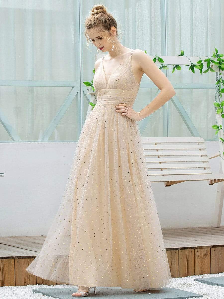 Color=Blush | Cute Sleeveless V Neck Long Evening Dresses With Shiny Dot-Blush 4